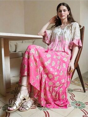NWT Women’s Debbie Katz Daniella Boho Tiered Ruffle Midi Maxi Dress Pink Gold XL